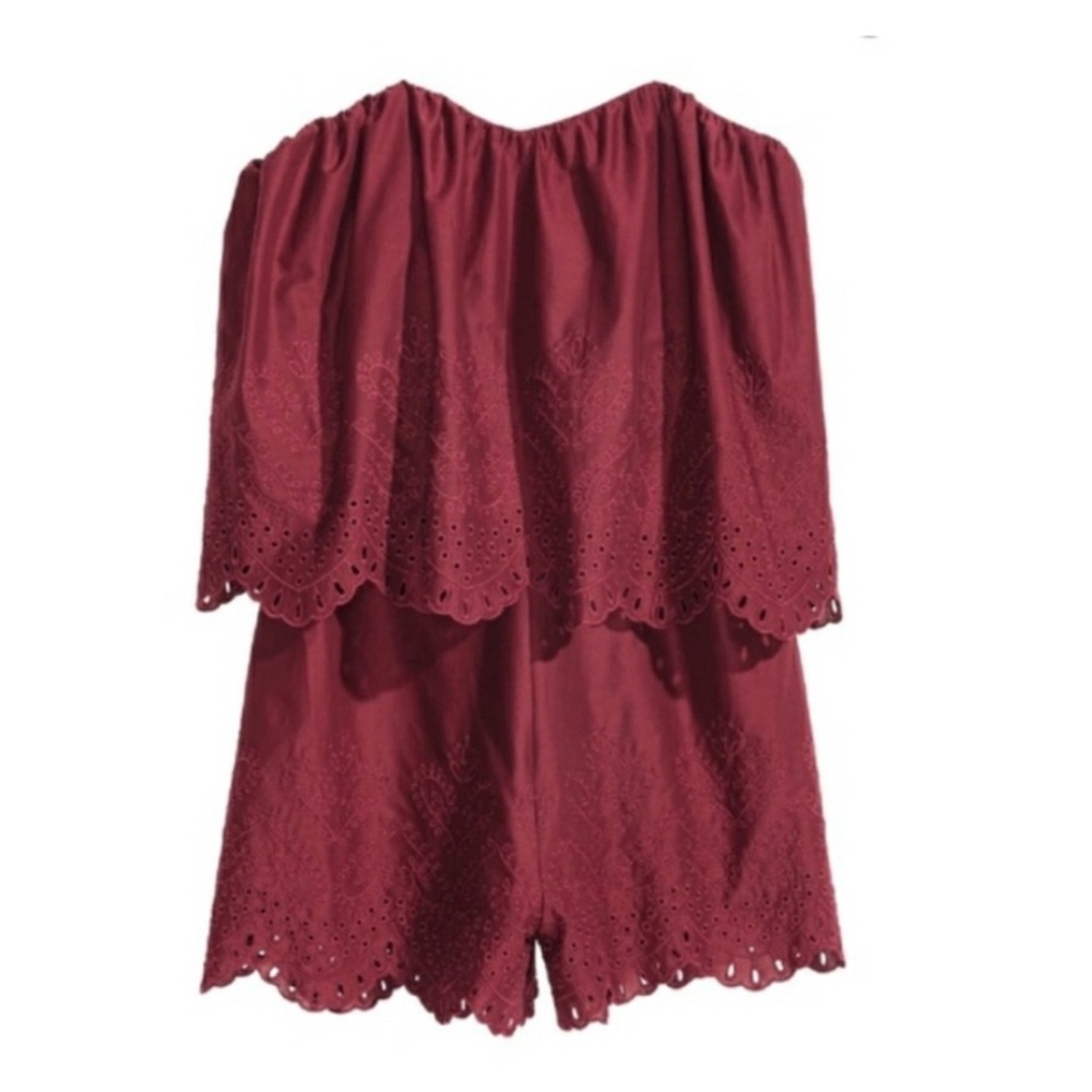 Burgundy Red Lace Boho Strapless Romper